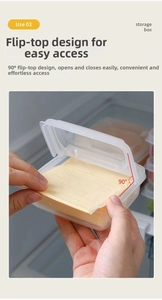 Detail of transparent storage box with 90-degree flip lid for cheese and small food items