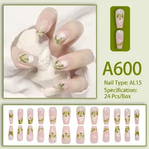 Long almond press-on nails set A600 with translucent pink base and green floral designs