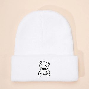 Bonnet en tricot blanc pour enfants avec broderie ours noir stylée pour l'hiver froid