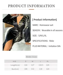 Detailed size chart for the imitation silk midi robe with length and bust measurements