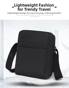 Detailed view of black nylon messenger bag with multi-pocket design and adjustable strap