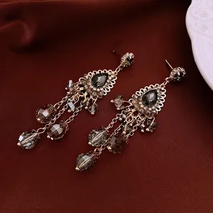 Bohemian vintage tassel drop earrings with smoke gray crystals and fine gold filigree