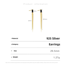 Detailed specs for 925 silver gold-plated long cone earrings with black gemstones