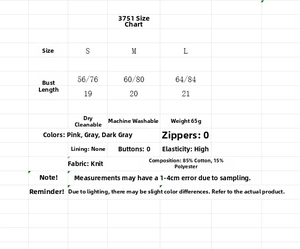 Tableau des tailles détaillé et spécifications du tissu pour le crop top en tricot