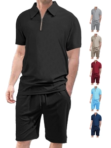 Detail showing waffle knit texture and zipper collar on men's summer polo shorts set