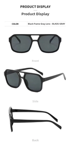 Detailed views of double bridge sunglasses with black frames and dark gray lenses