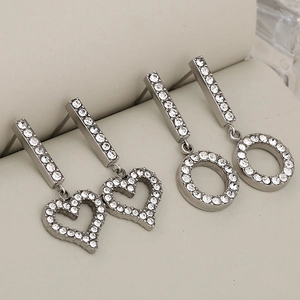 Silver stainless steel heart and circle earrings with full diamond pavé detailing