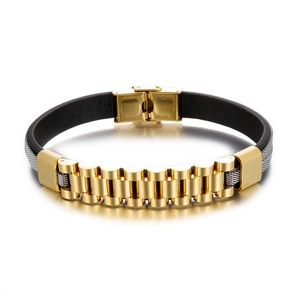 Men's titanium steel bracelet with gold and silver watchband links and black leather