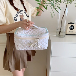 Detail of white quilted cosmetic bag with cherry patterns and blue trim handle