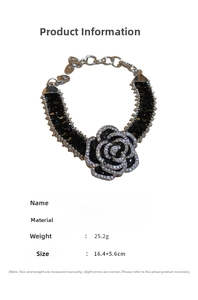 Detailed view of camellia flower bracelet specs with copper and rhinestone materials