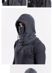 Detail of gray fleece winter balaclava with adjustable drawstrings for outdoor cycling
