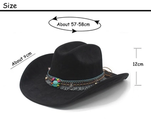Detailed size specifications of black faux suede cowboy hat with 9cm brim and 12cm height