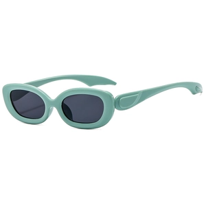 Oval mint green sunglasses with thick frame and dark grey lenses for a trendy look
