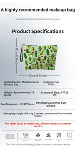 Detail view of linen makeup bag with cucumber print and 25x17cm dimension specs