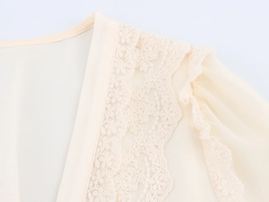 Vue détaillée du tissu en mousseline beige et dentelle florale sur la robe à col en V