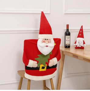 Detail of Santa Claus chair cover with plush 3D beard on a wooden stool décor