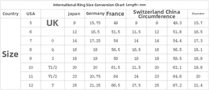 Detailed international ring size chart with US, UK, and EU measurements for men's rings