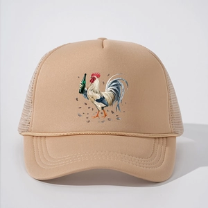 Adjustable beige trucker hat with a rooster illustration and breathable mesh back