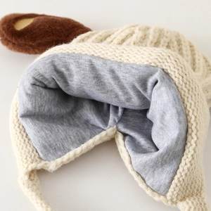Cute puppy-ear knit beanie for kids with warm lining and soft faux fur brown ears