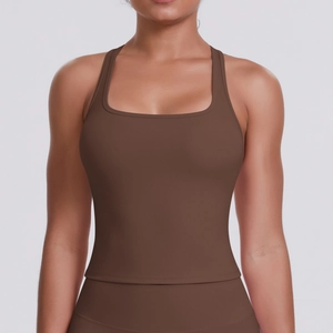 Dark brown high-stretch square neck sports vest for yoga and gym activities