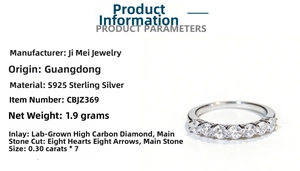 Detailed view of S925 sterling silver band ring set with seven 30-point carbon diamonds