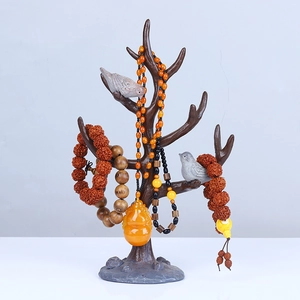 Rustic tree-shaped jewelry stand organizer for necklaces and beads with wood texture finish