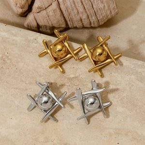Geometric Cross Stud Earrings For Women Stainless Steel Tic-Tac-Toe Design With Polished Center Bead Modern Jewelry
