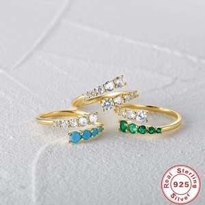 Adjustable S925 sterling silver ring set with zircon and blue turquoise stones