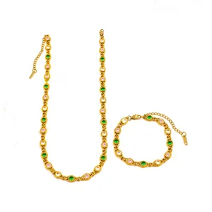 Gold plated colorful 7mm crystal necklace and bracelet set with pink and green stones