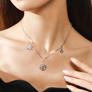 S925 sterling silver necklace with colorful daisy, tree of life and butterfly pendants
