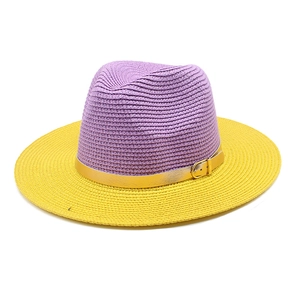 Two-tone Panama straw sun hat for women with purple crown and wide yellow brim