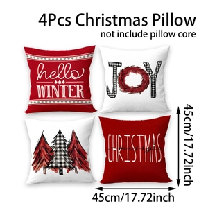 4er-Set Weihnachtskissenbezüge 45x45cm mit rot-schwarzem Karomuster und Joy-Schriftzug