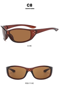 Detail view of Y2K wraparound sunglasses featuring silver studs and brown lenses