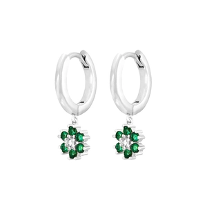 Macro detail of silver drop earrings with emerald green petals and clear zircon center