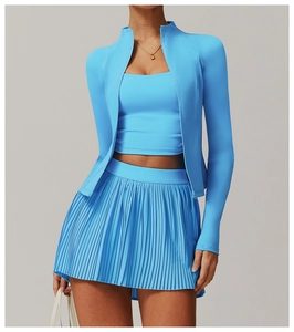 Sky blue breathable outdoor sports set detail with pleated skirt and zipper jacket