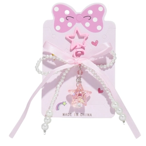 Pink ribbon bow keychain with pearl chain and heart star pendant on display card
