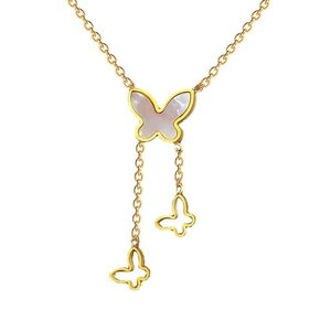 Gold titanium steel necklace with white mother-of-pearl butterfly and gold hollow charms