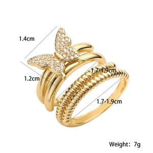 Detail view of gold-plated double-layer butterfly ring with pave zircons and size specs
