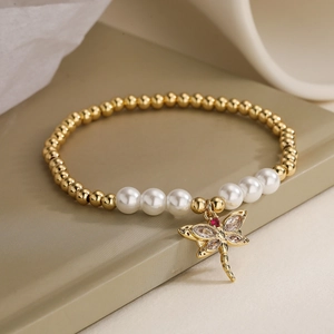 Elegant gold-plated dragonfly and pearl beaded bracelet for women with zircon inlay