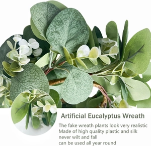 Close-up of artificial eucalyptus leaves showing realistic silk texture and green details