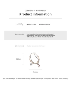 Detail of crystal fringe necklace set showing 27.4g weight and 42cm chain length specifications