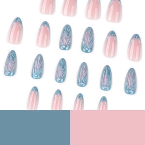 Faux ongles 3D œil de chat bleu forme amande française avec perles et goutte d'eau