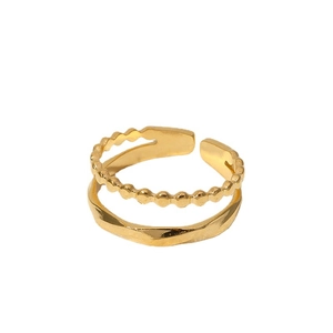 Double-layered golden stainless steel open ring with beaded and twisted texture design