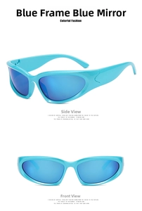 Detailed front and side views of blue metallic futuristic wrap-around sports sunglasses