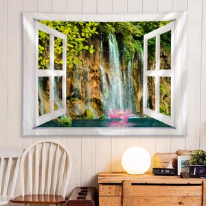 3D window view wall tapestry with waterfall and lotus for cozy room wall decoration