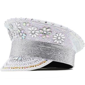 White bridal flat top military hat with silver rhinestones and faux pearls for parties