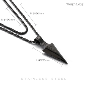 Detail view of black stainless steel arrow pendant with double chain necklace dimensions