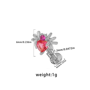 Detailed size chart for silver spider labret with pink heart zirconia stone