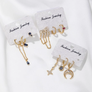 Exquisite three-piece gold earring set with geometric zircon and colorful rhinestones