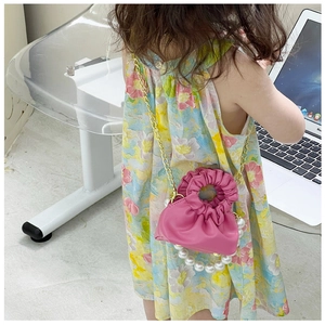 Pink PU leather girls' mini bag with ruched texture, large pearls and gold chain strap